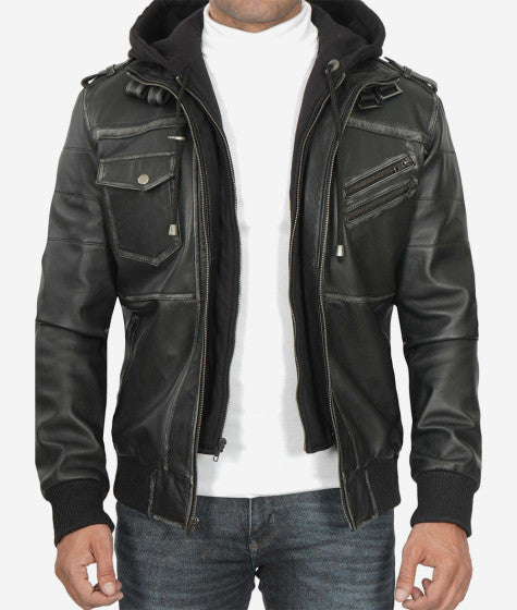 Men's Grey Leather Bomber Jacket With Removable Hood