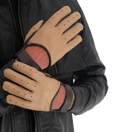 Mens Beige and Brown Two-Tone Leather Gloves
