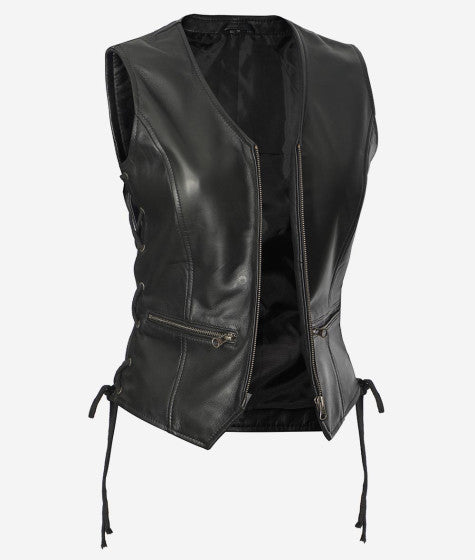 Teresa Black Fitted Style Biker Leather Vest for Women