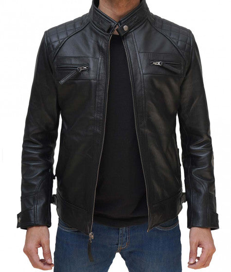 Men's Black Leather Jacket with Removable Hood