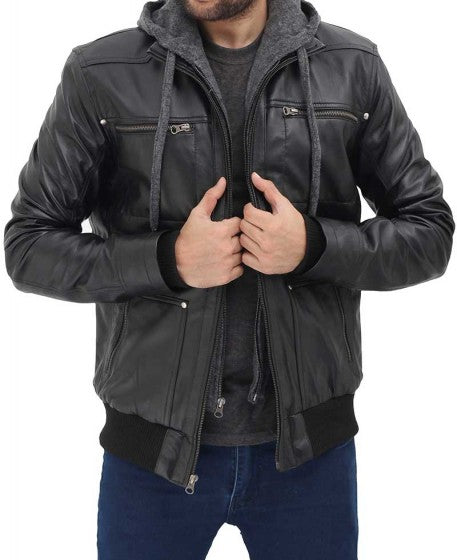 Men's Black Leather Bomber Jacket with Removable Hood