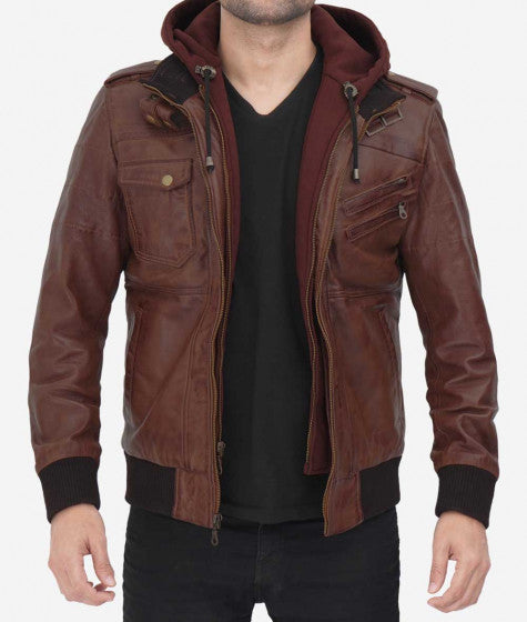 Men's Dark Brown Bomber Leather Jacket with Removable Hood