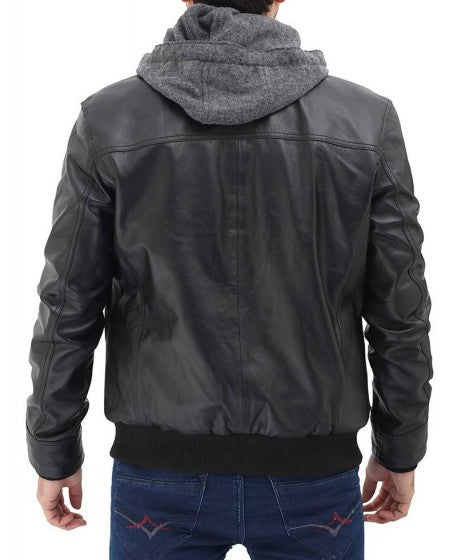 Men's Black Leather Bomber Jacket with Removable Hood