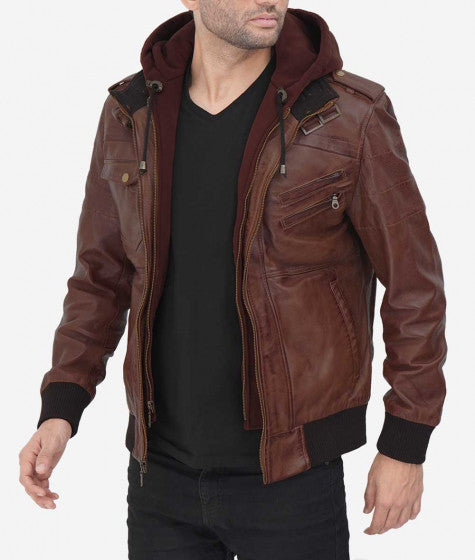 Men's Dark Brown Bomber Leather Jacket with Removable Hood