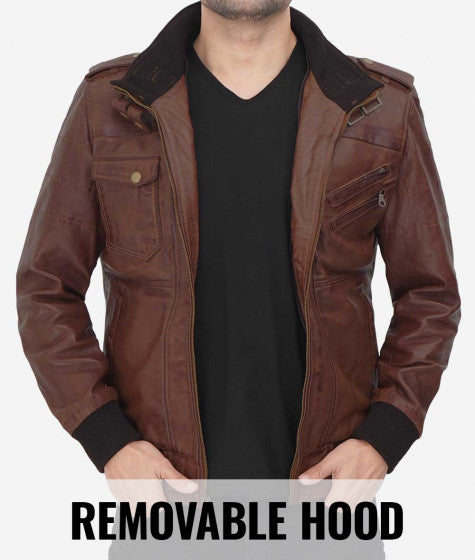 Men's Dark Brown Bomber Leather Jacket with Removable Hood