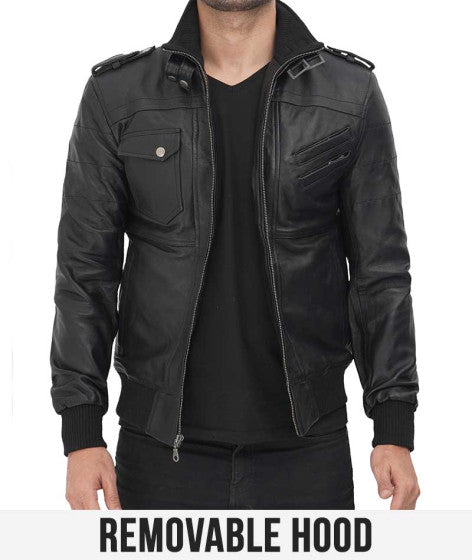 Mens Black Leather Bomber Jacket with Removable Hood