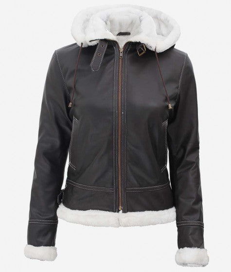 Mary B3 Hooded Bomber Brown Shearling Leather Jacket Womens