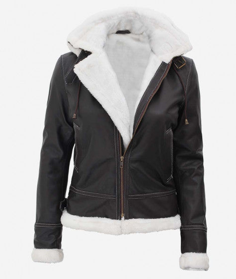Mary B3 Hooded Bomber Brown Shearling Leather Jacket Womens
